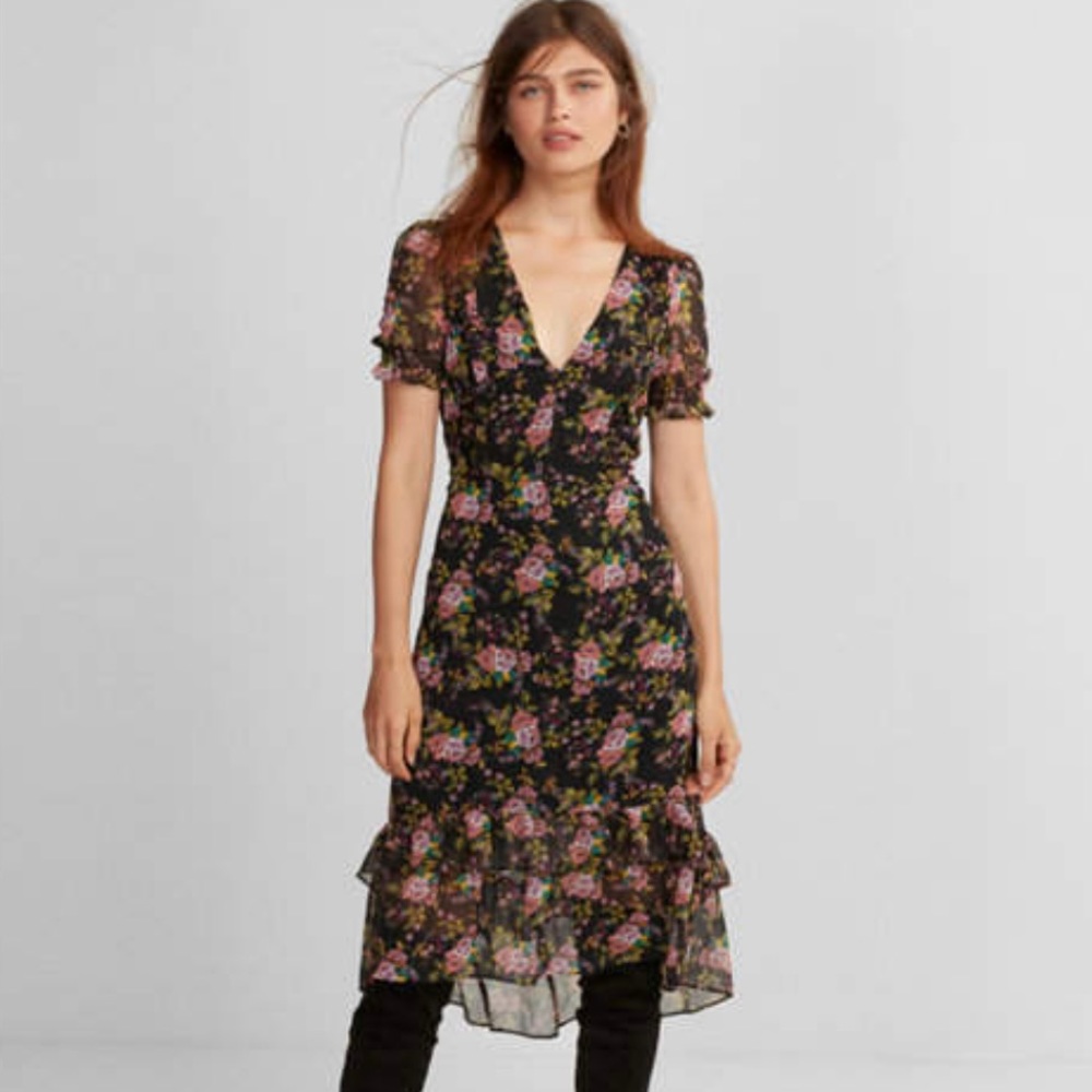 Express floral ruffle short sleeve midi dress